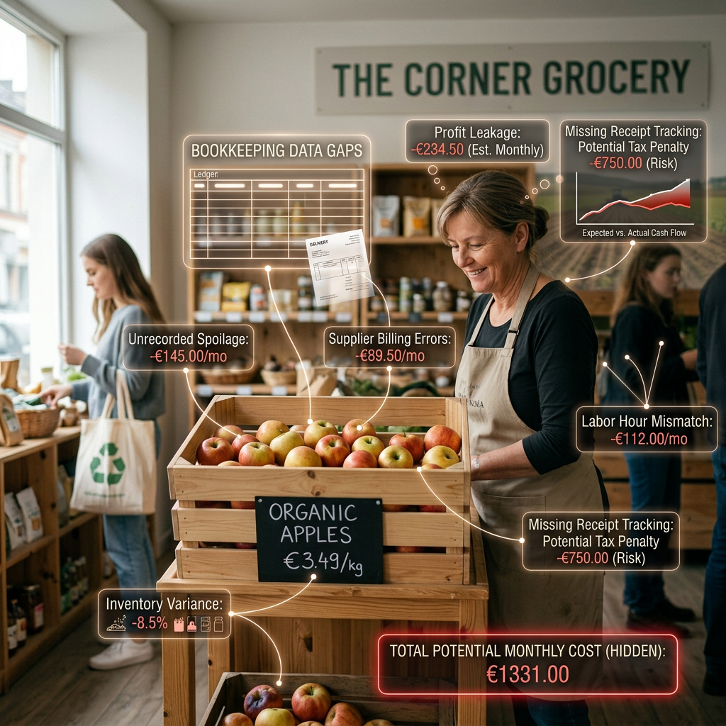 Organic apples with carbon footprint, water usage, pesticide runoff, environmental degradation, and labor exploitation info